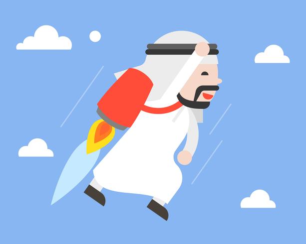 Cute arab businessman flying in sky with jetpack, leader concept vector