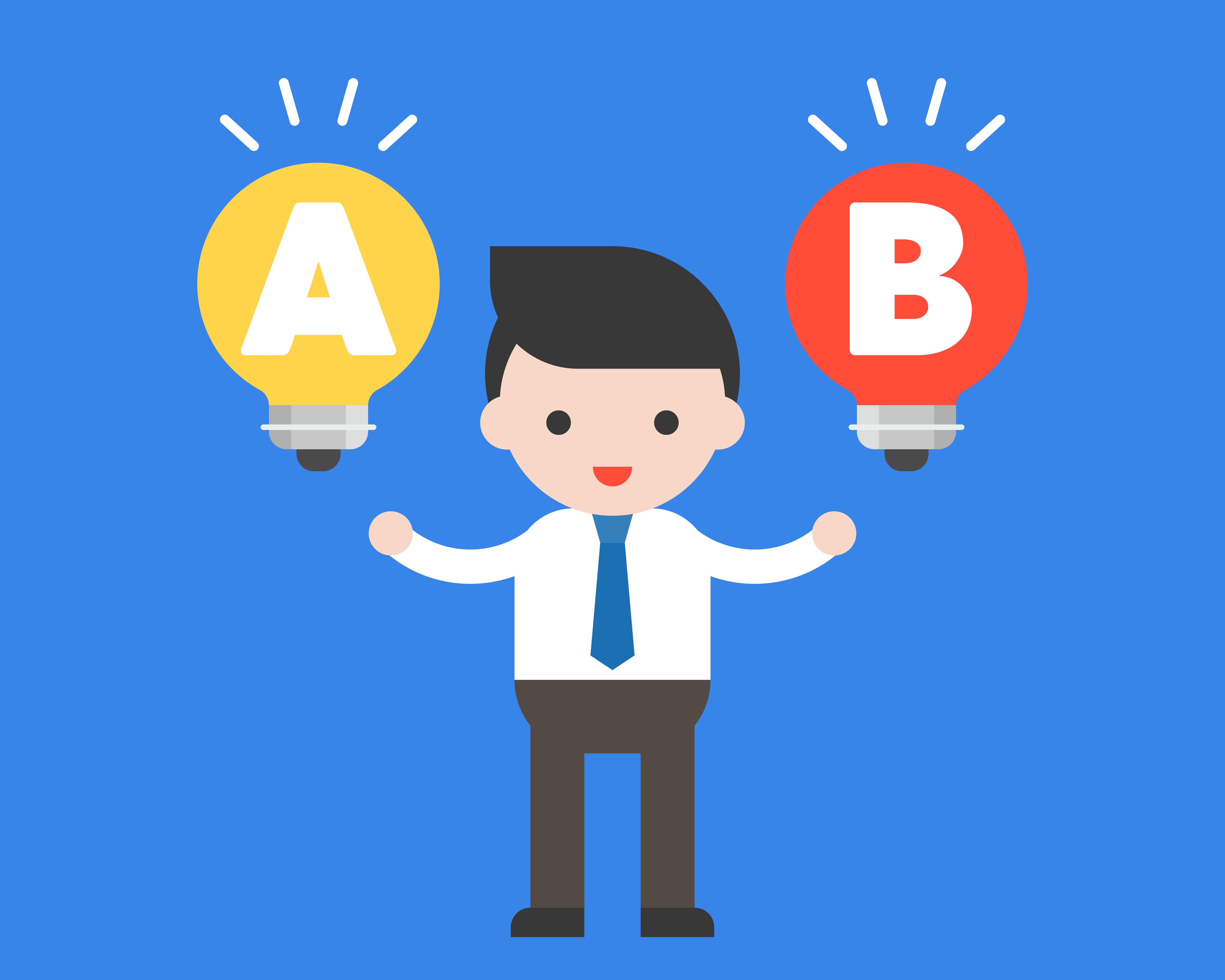 Businessman stand between light bulb idea, decision making choice