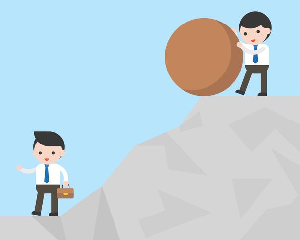 Businessman try to defeat his competitor by pushing rock  vector