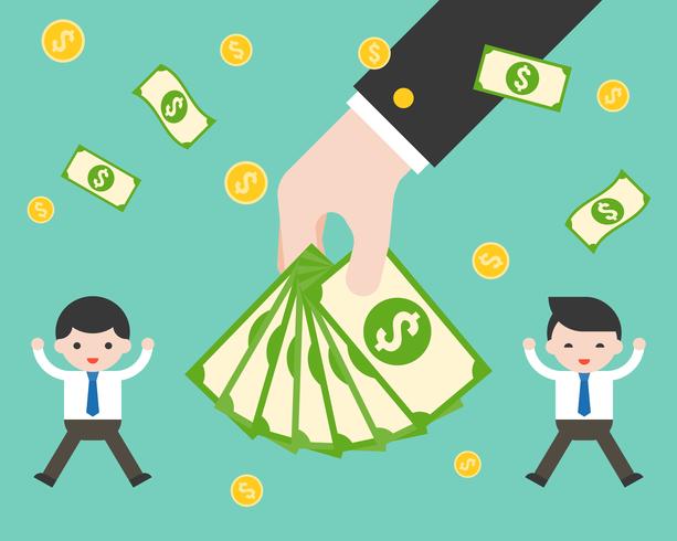 Hand holding banknotes between happy businessman, bonus and increase salary  vector
