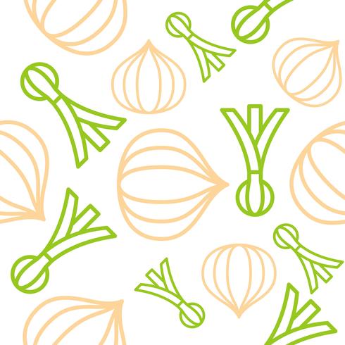 Cebolla y cebolleta Conjunto de verduras de contorno de patrones sin fisuras vector