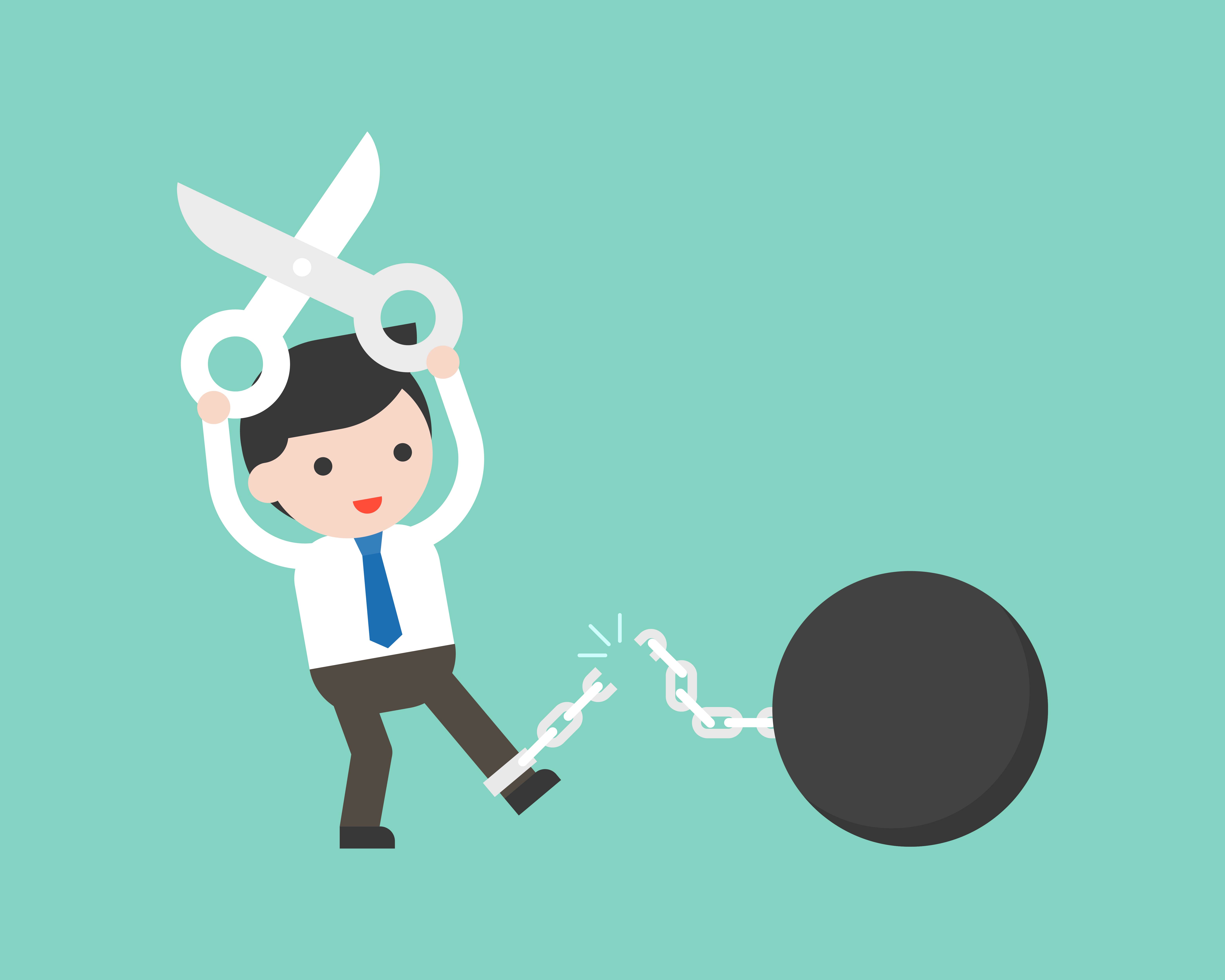 Businessman use scissor cutting chain from iron ball 464704 Vector Art at Vecteezy Businessman use scissor cutting chain from iron ball 464704 Vector Art at Vecteezy