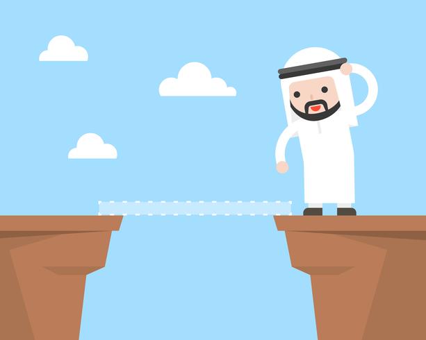 Cute Arab businessman try to find way to cross cliff because no bridge vector