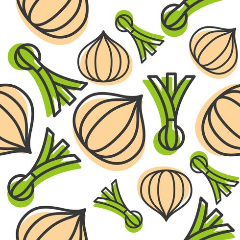 Onions and spring onion Seamless pattern outline vegetable set vector