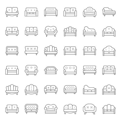 Sofa and chair, thin line icon set vector
