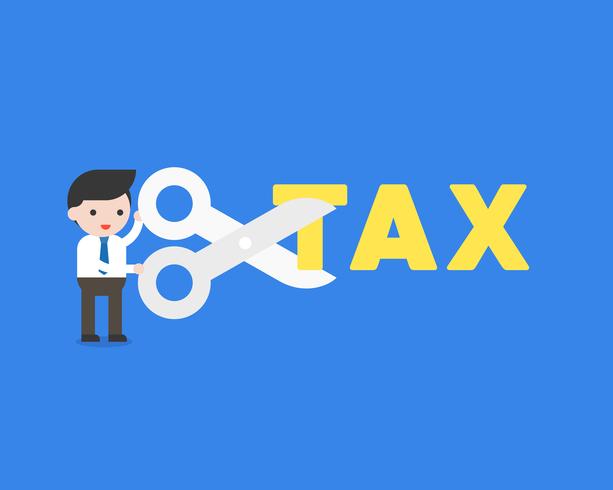 Businessman holding scissors to cut tax alphabet, cost reduction concept vector