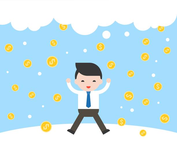 Businessman jumping with happiness because gold coins falling