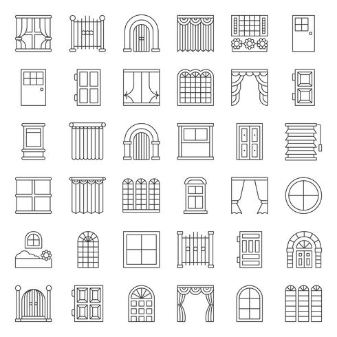 Moderno, vintage conjunto de iconos de puertas y ventanas, estilo de contorno vector