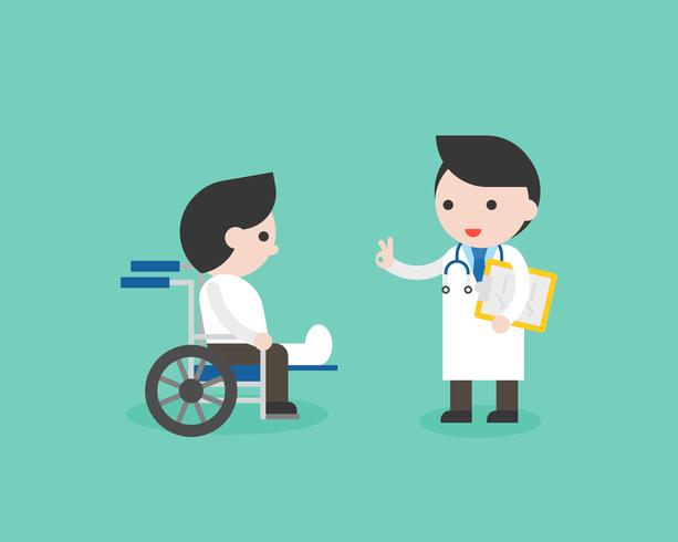 Doctor and broken leg businessman in wheelchair vector