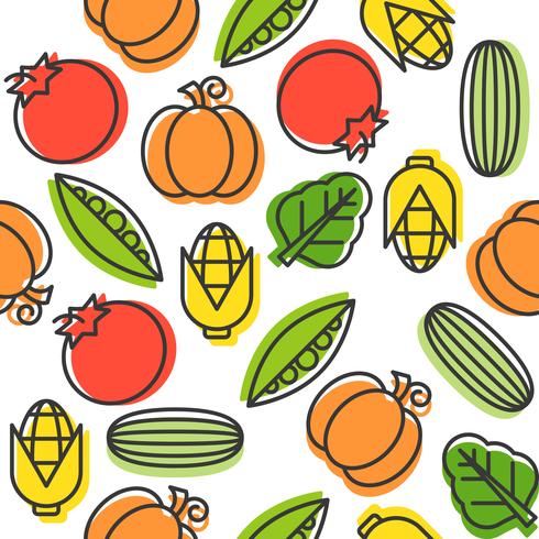 Patrón sin fisuras vegetal, pepino, tomate, maíz, guisante y espinacas, contorno vector