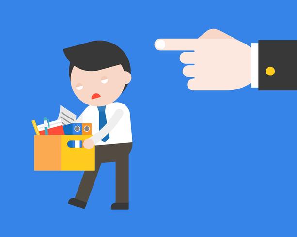 Big hand point at  sad businessman, fire from job concept vector