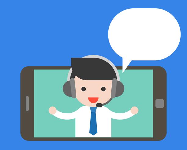 Businessman wearing headphone on tablet or cellphone screen and blank speech vector