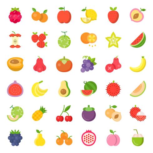 Frutas y bayas lindas, conjunto de iconos plana 2 vector