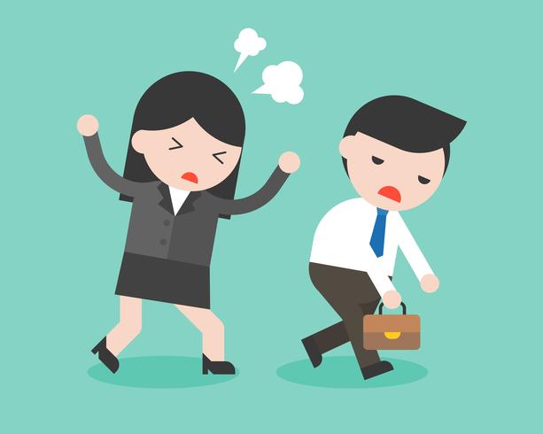 Businesswoman scolding a boring businessman, conflict management concept vector