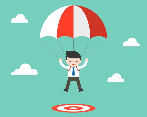 Businessman parachute jump to a target, flat design vector