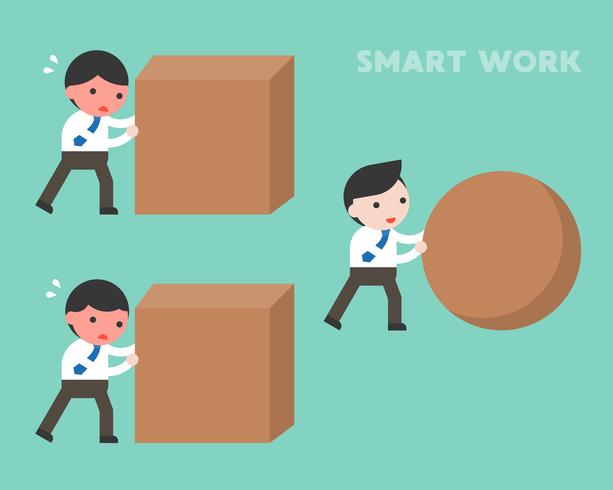 Smart work concept, businessman rolling sphere rock while another businessman  vector