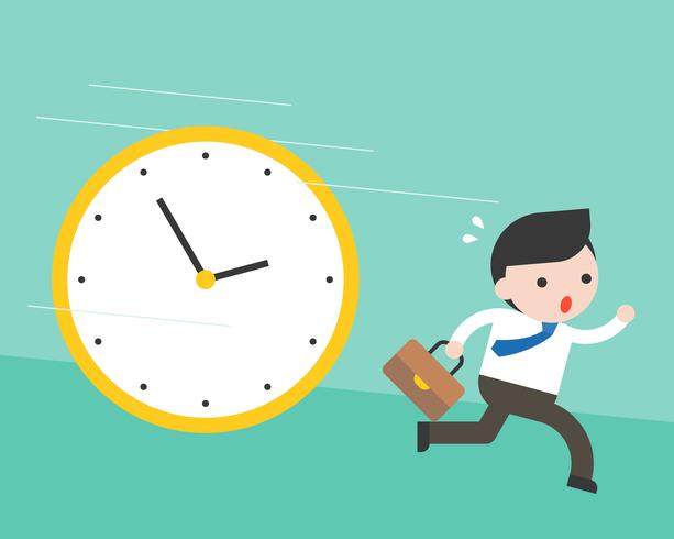 Cute businessman running from big clock follow him vector