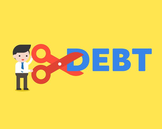 Businessman holding scissor cut debt alphabet, cost reduction business concept vector