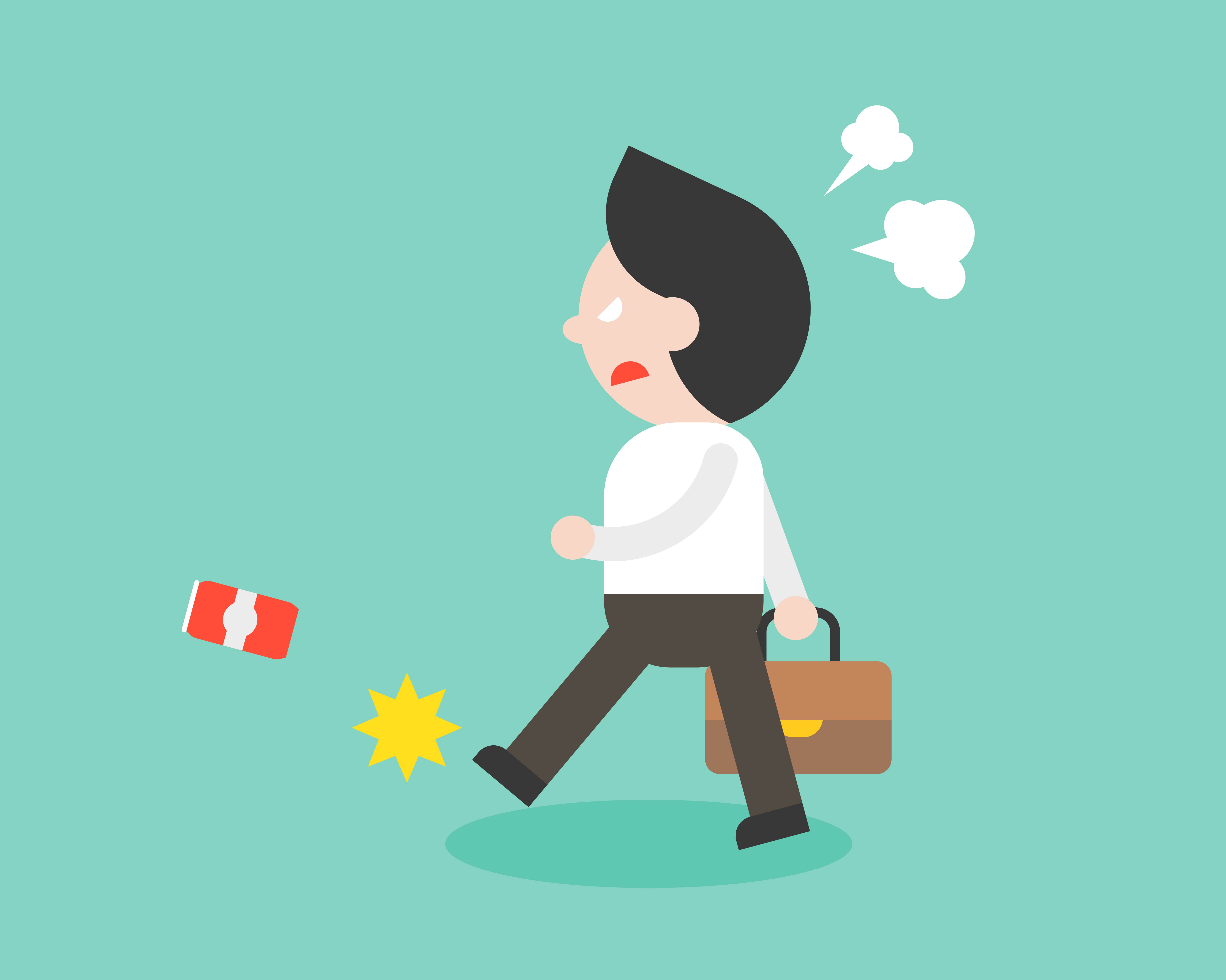 angry businessman walking and kick can flat design 
