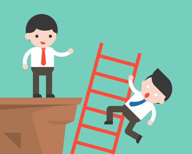 Businessman climb a ladder and another businessman push it fall from cliff vector