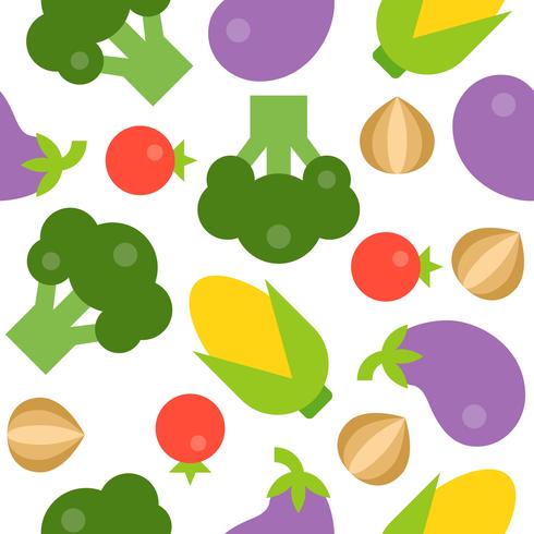 Brócoli, tomate, cebolla, berenjena y maíz sin patrón. vector