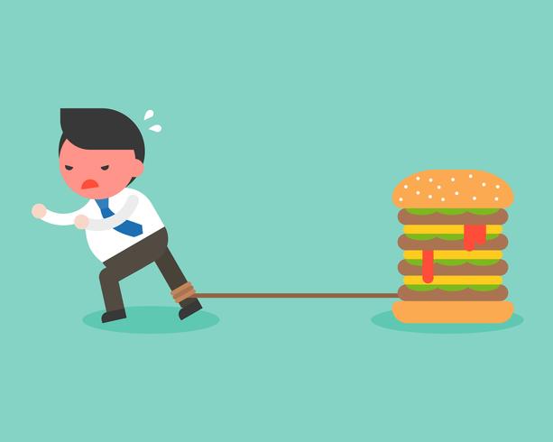 Fat Businessman chained with giant hamburger vector