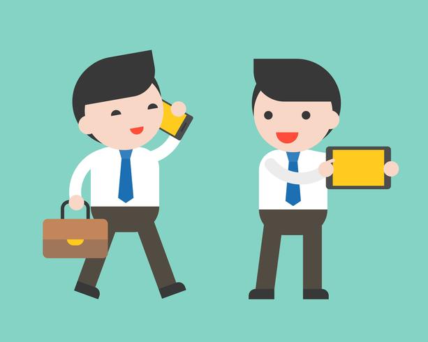 Businessman and gadget such as cellphone, tablet, ready to use character vector