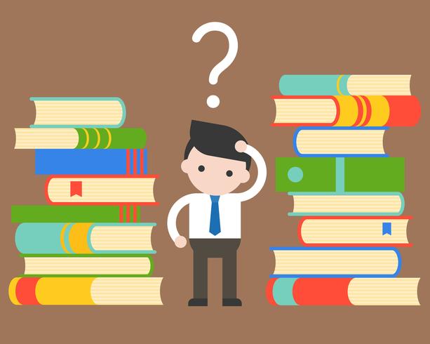 Businessman confuse between pile of books vector