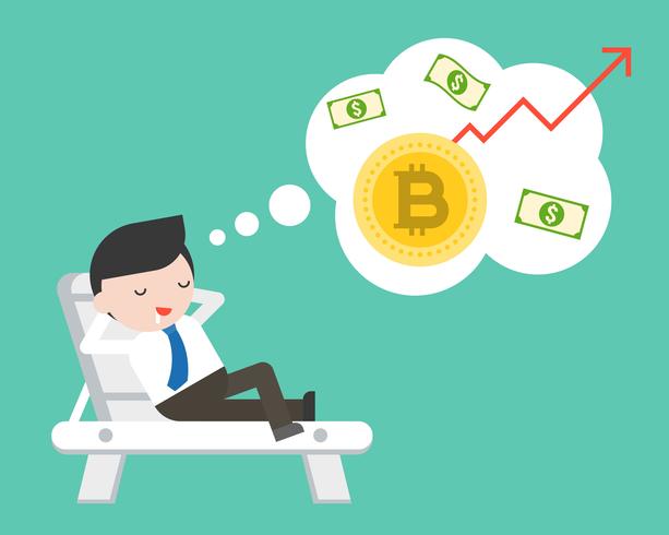 Businessman lay on beach bed dreaming about bitcoin increase value vector