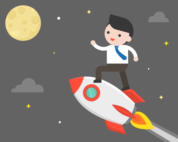 Business man riding rocket flying to the moon, mission to the moon concept vector