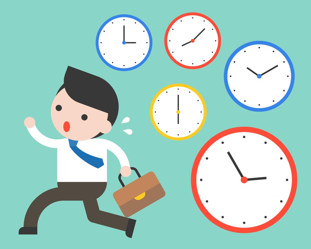 Cute businessman running in rush hours and clocks, time management