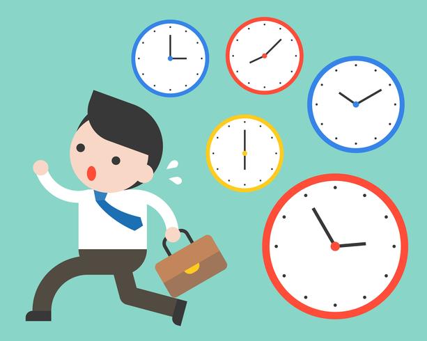 Cute businessman running in rush hours and clocks, time management concept vector