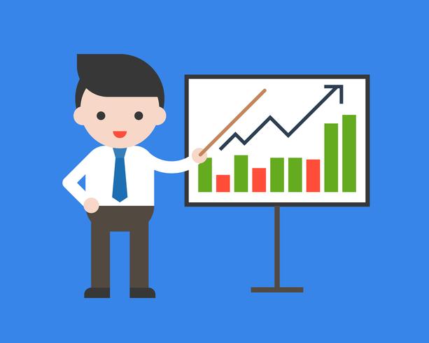 Businessman presentation graph with pointer, growing business concept, flat design vector