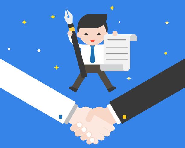 Tiny businessman jumping on shake hands, holding pen and contract vector