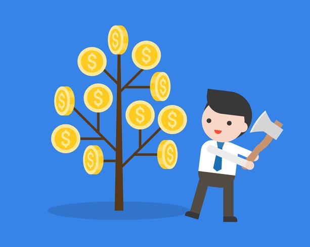 Businessman prepares to cut a money tree with axe, stupid and greedy people concept vector