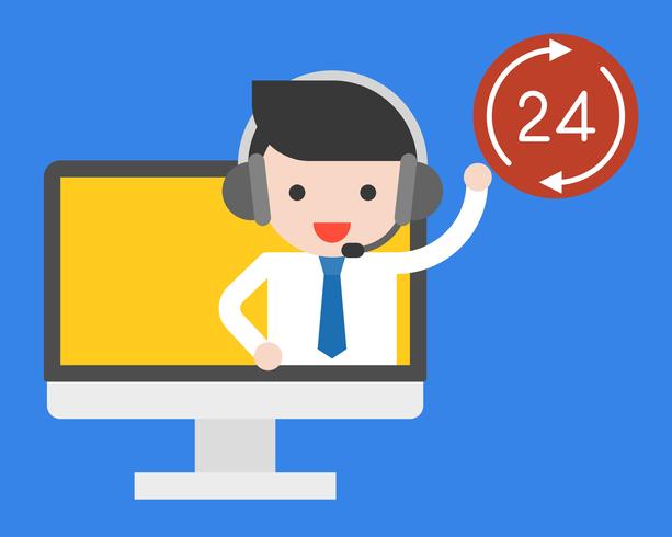 Businessman on computer screen with head phone and 24 working hours badge vector