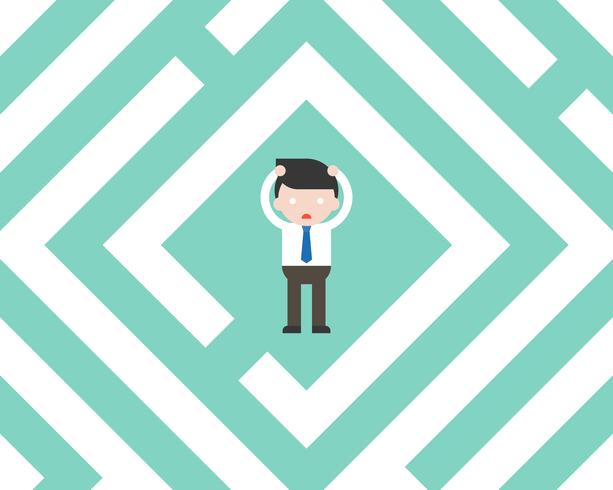 Confused Businessman in labyrinth, flat design solution concept vector