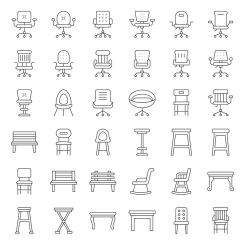 Taburete, silla, sofá y banco, conjunto de iconos de contorno vector