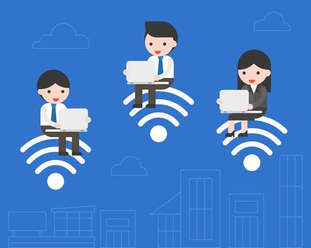 Gente de negocios sentado en el símbolo de wifi y utilizando el trabajo portátil vector