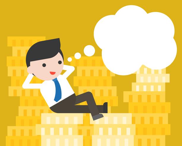 Tiny businessman lay on stack of gold coins and blank speech bubble vector