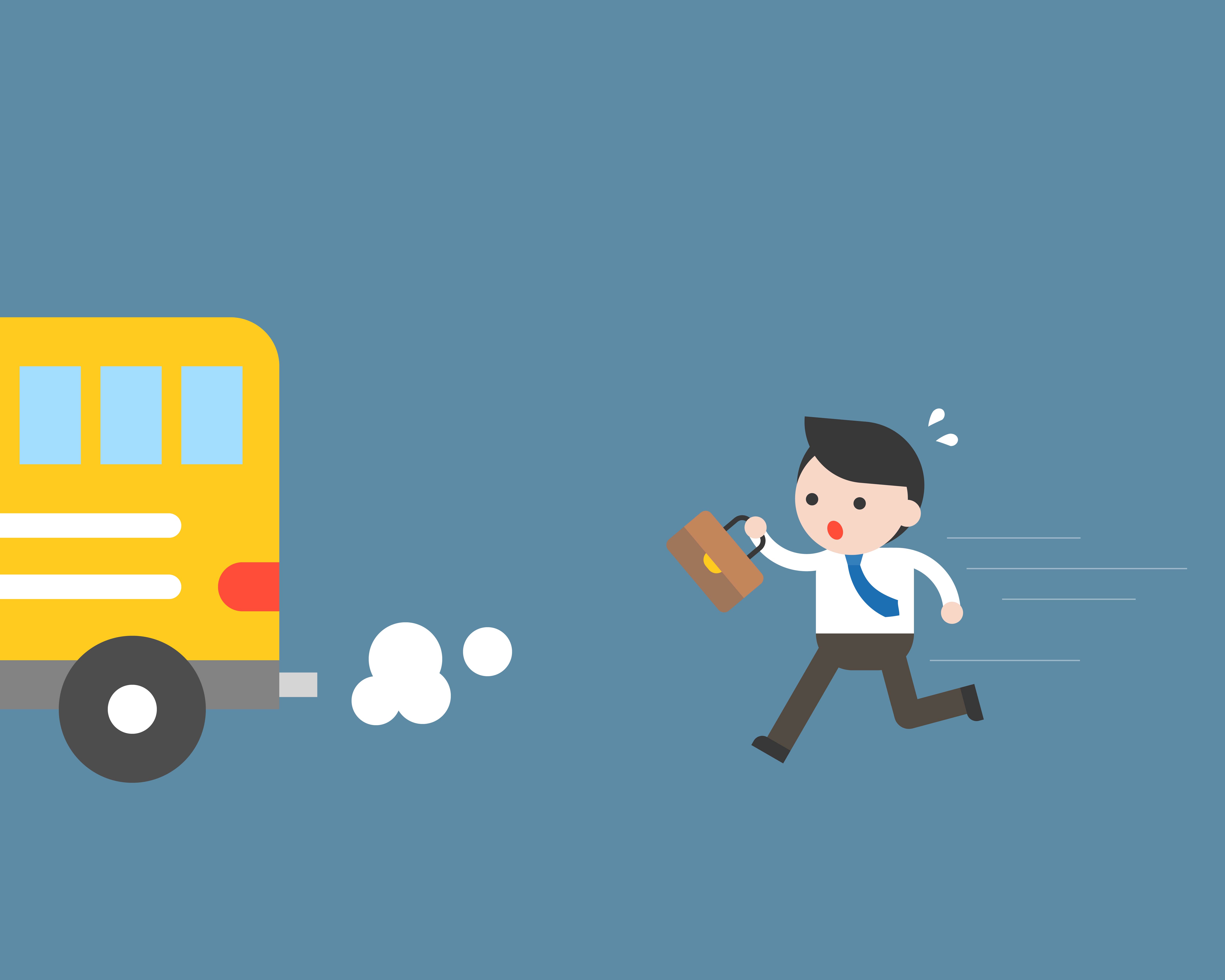 Businessman running to catch bus, but late, business situation concept