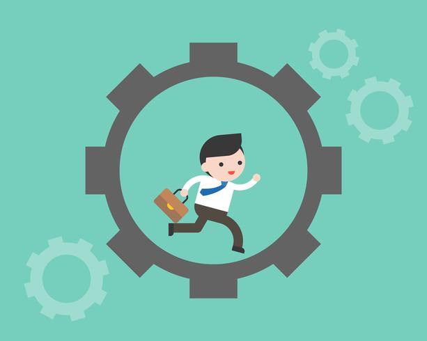 Tiny Businessman carry briefcase run in cog wheel vector