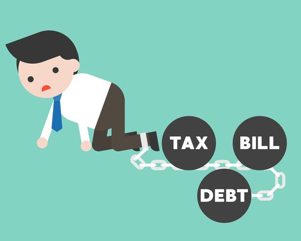 Businessman chained by debt, bill, tax iron ball, money management failure concept vector