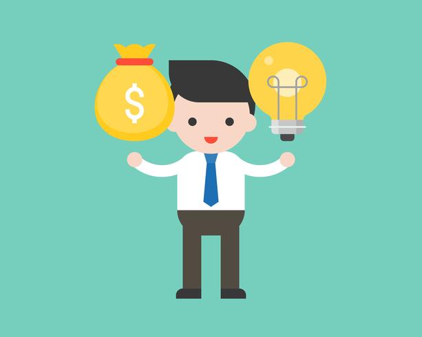 Businessman hold light bulb at left hand and money bag at right hand