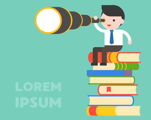 Businessman holding binoculars and sitting on stack of books vector