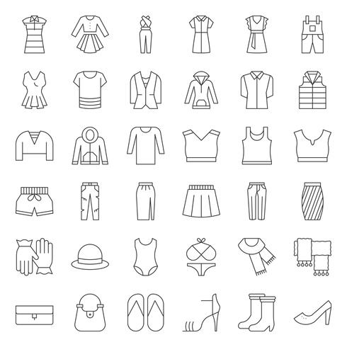 Female clothes, bag, shoes and accessories thin outline icon set 2 vector