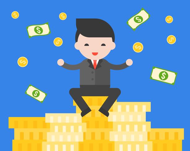 Businessman sitting on stack of gold coins, successful young entrepreneur  concept vector