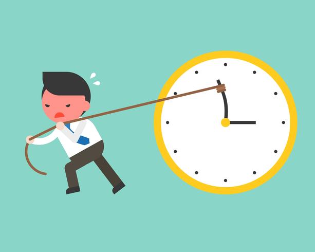 Cute businessman try hard to pull back minute hand anti clockwise by rope vector