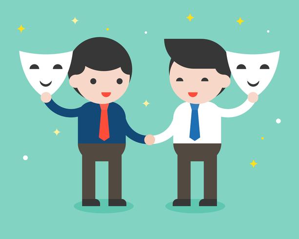 Two businessman shake hand and open mask, sincere business people concept vector