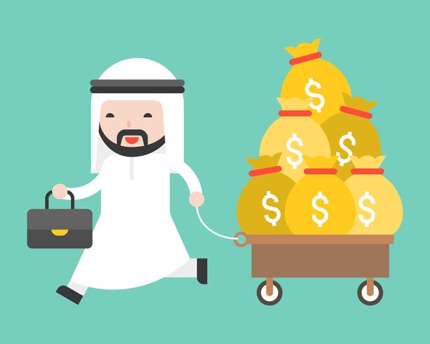 Happy Cute arab business man pulling cart which full with money bag vector